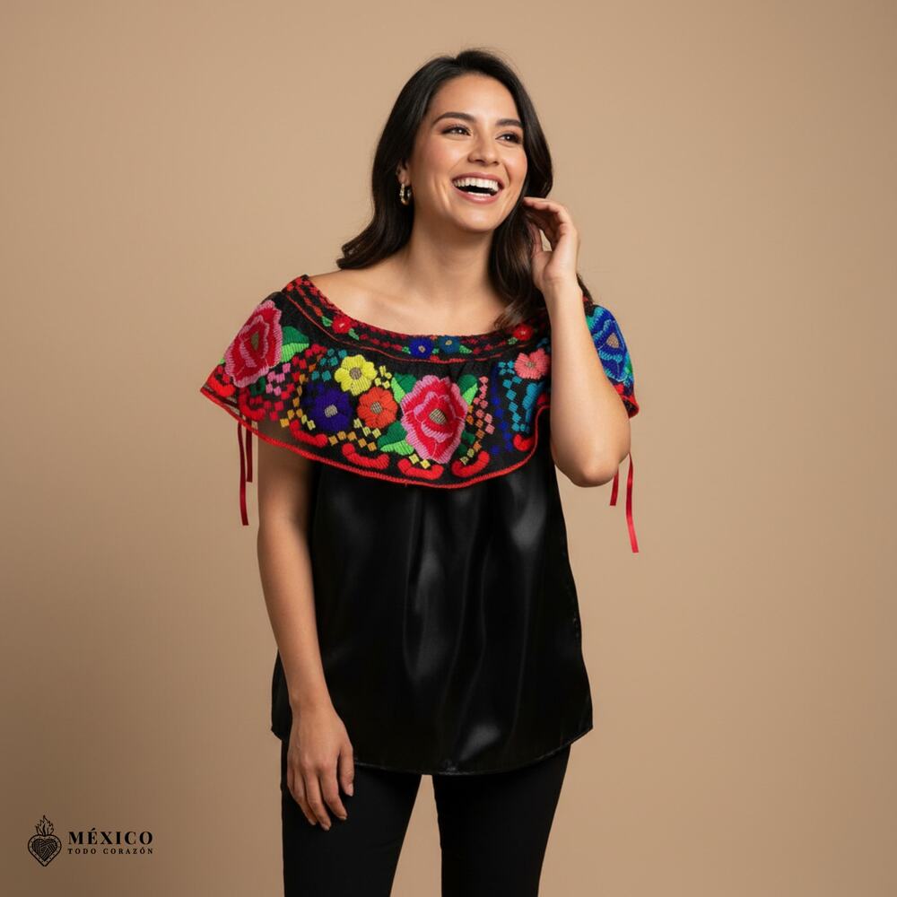 Black Mexican Chiapaneca Blouse – Satin Floral Embroidered Olan Top